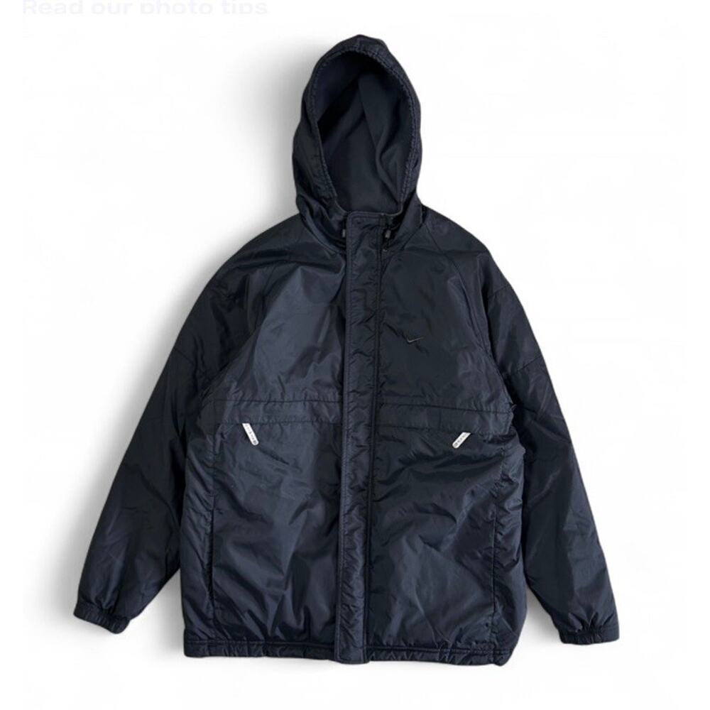 Y2K Nike Men’s Black/Gray Hooded Reversible Jacket Embroidered Logo Size L
